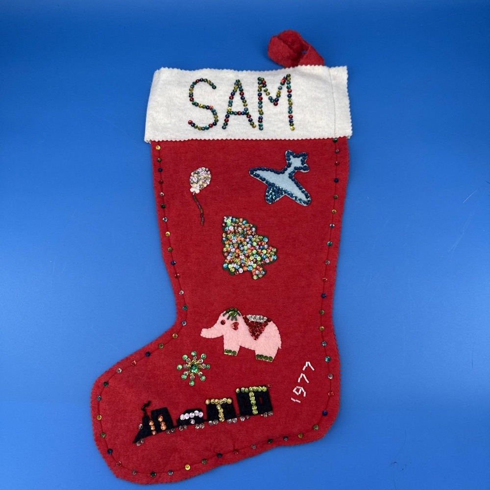 VTG 70s Handmade Christmas Stocking Red Felt Sequin Train Elephant Plane SAM